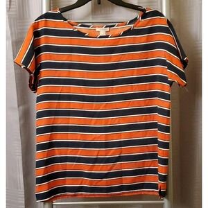 J Crew Women's 100% Silk Orange And Blue Striped Pullover‎ Women's Size 4 Small